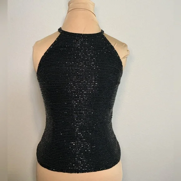 Vintage Black Sequin Halter Tank Top - Picture 1 of 8